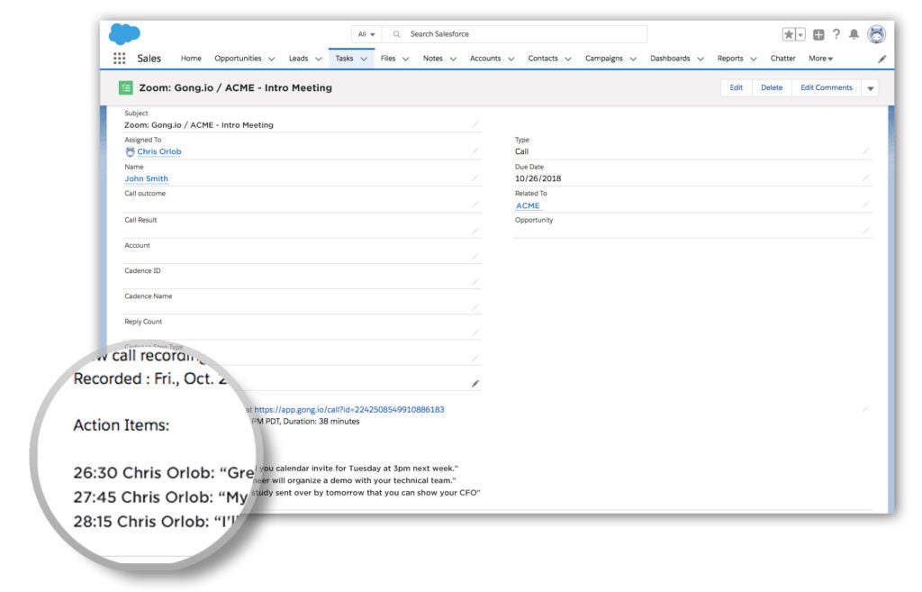 Action Items Screen Shot Gong Salesforce Integration