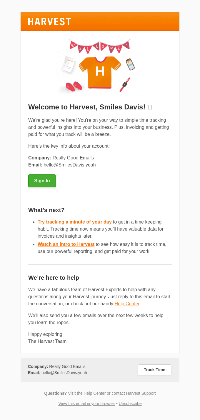 Example of a welcome email from Harvest