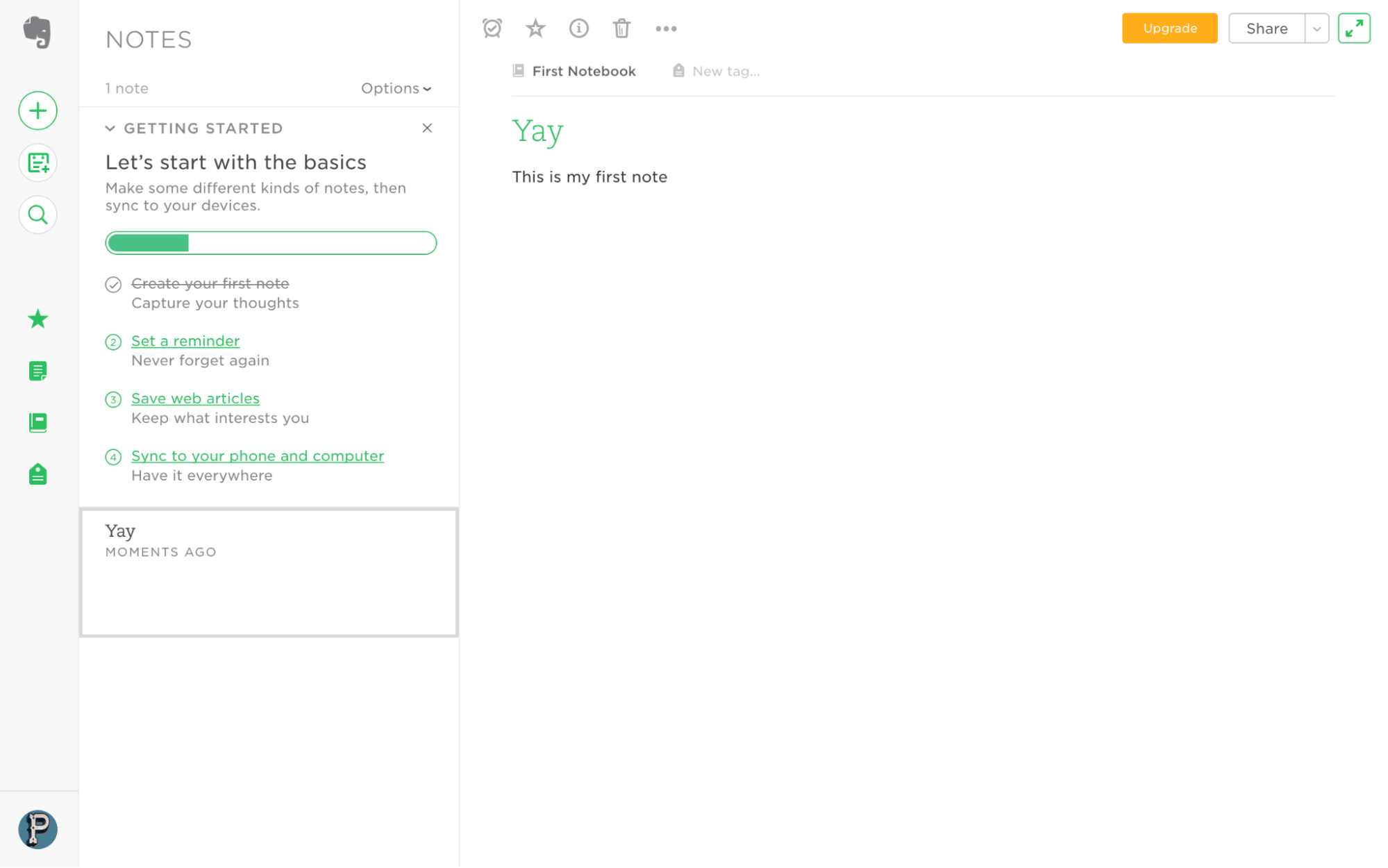 Example of Evernote's onboarding process using checklists
