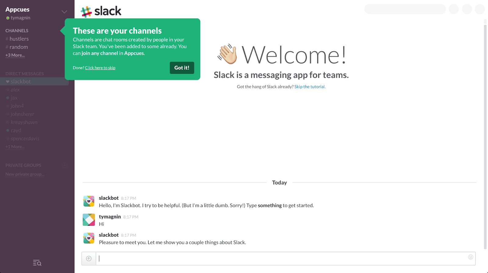 Slack's new user onboarding with tooltips