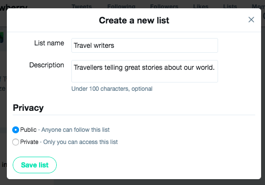 An example of how to create a Twitter list