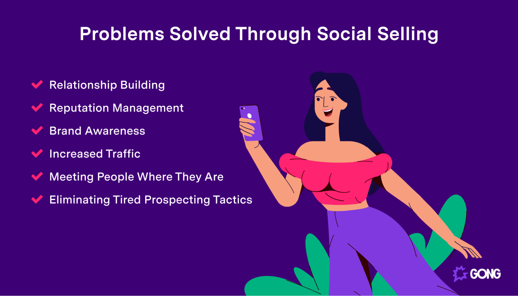 An image of a checklist showing the problems social selling solves