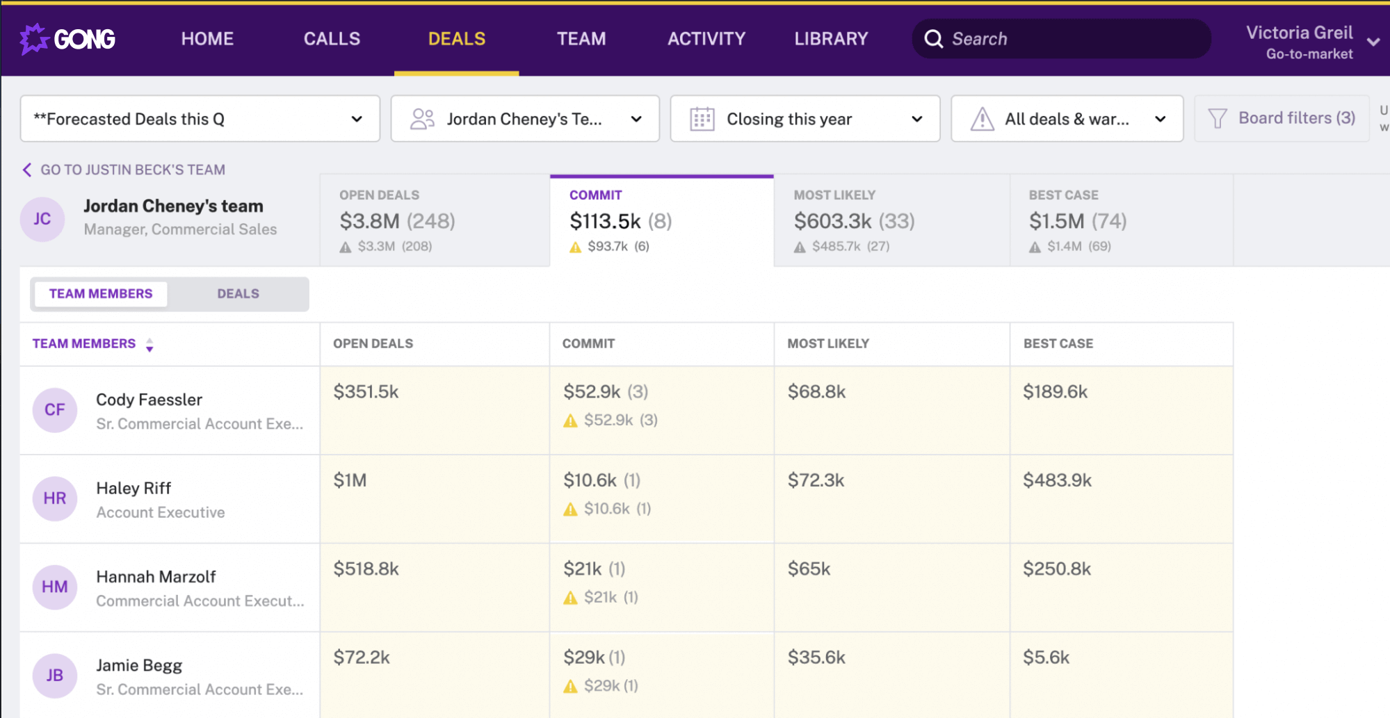 Gong dashboard providing pipeline information