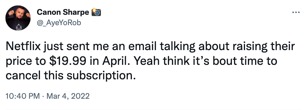 Tweet of a Netflix user canceling their subscription