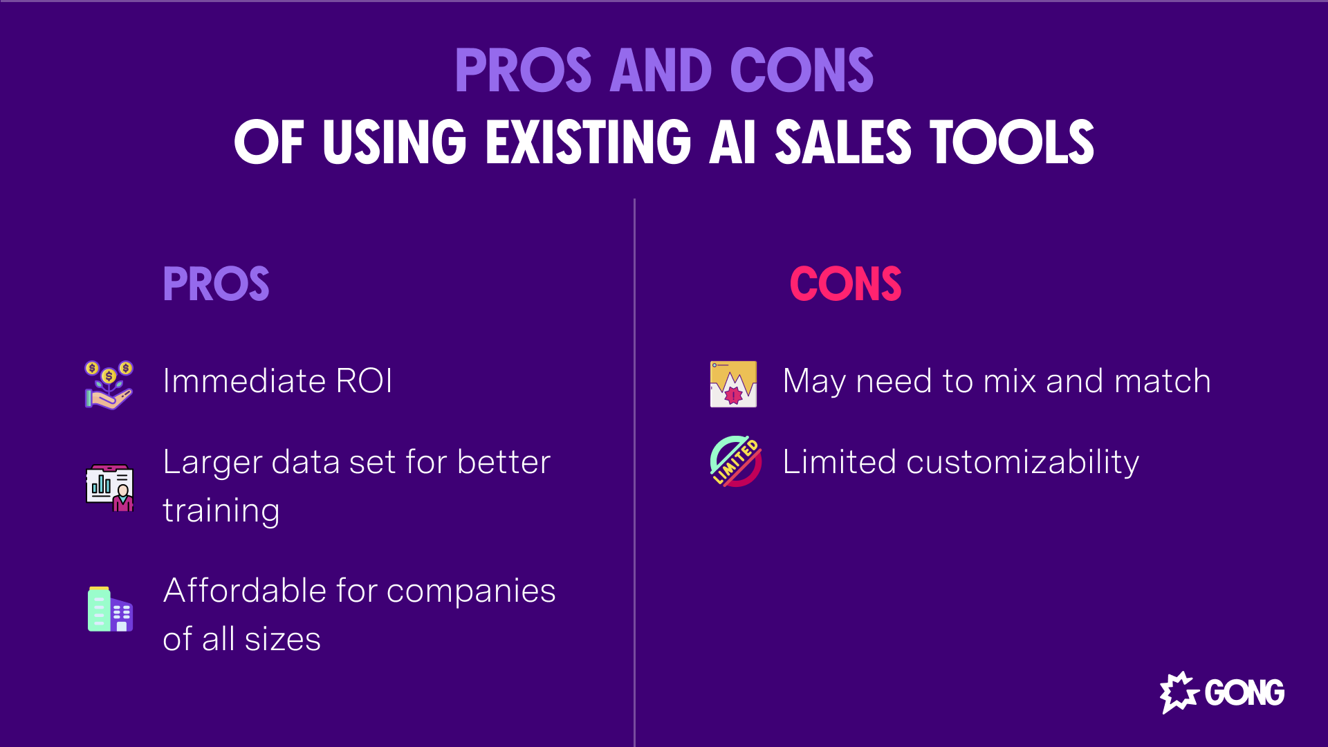 Table of the pros and cons of using existing generative AI sales tools