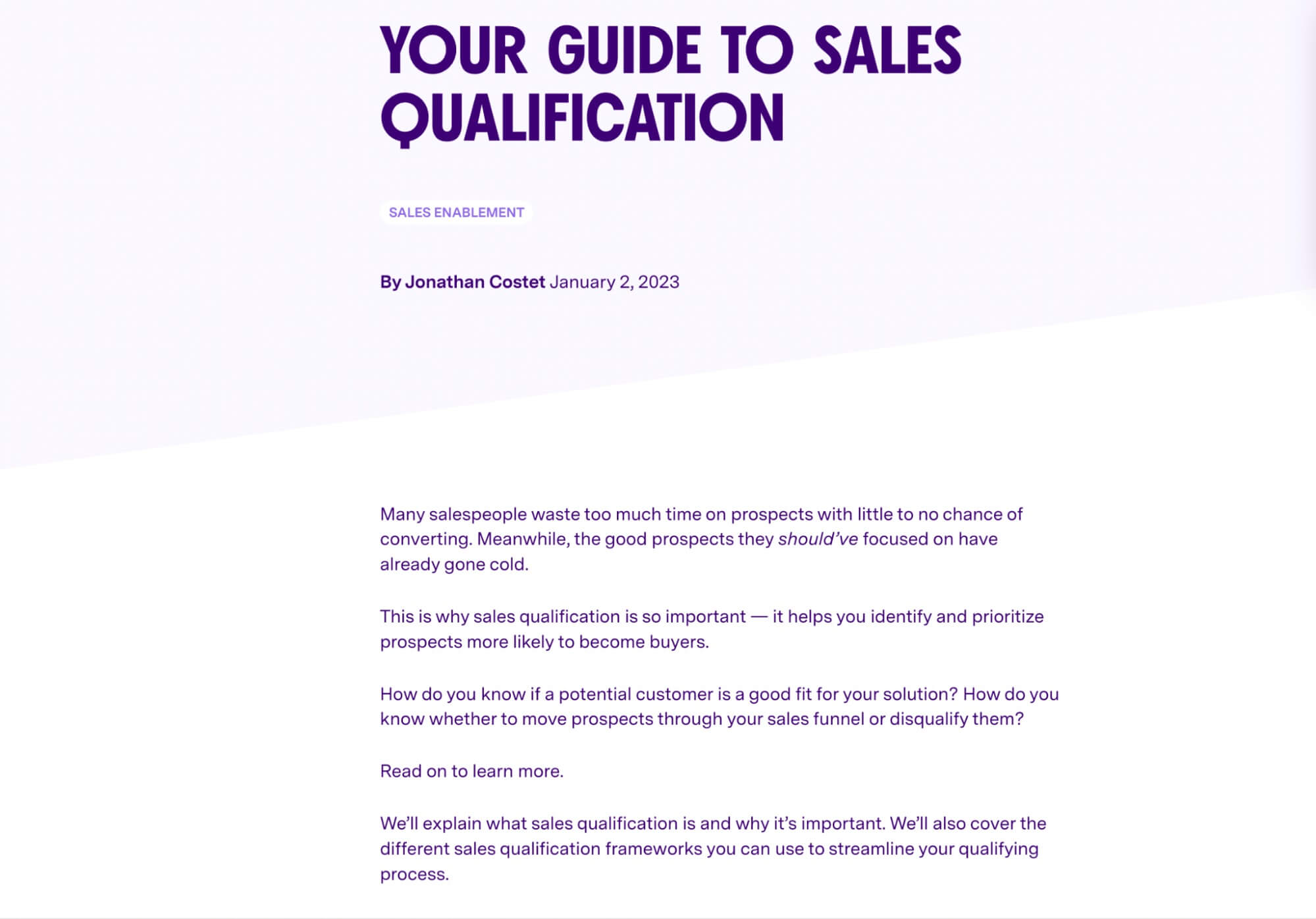Screenshot of sales qualification guide